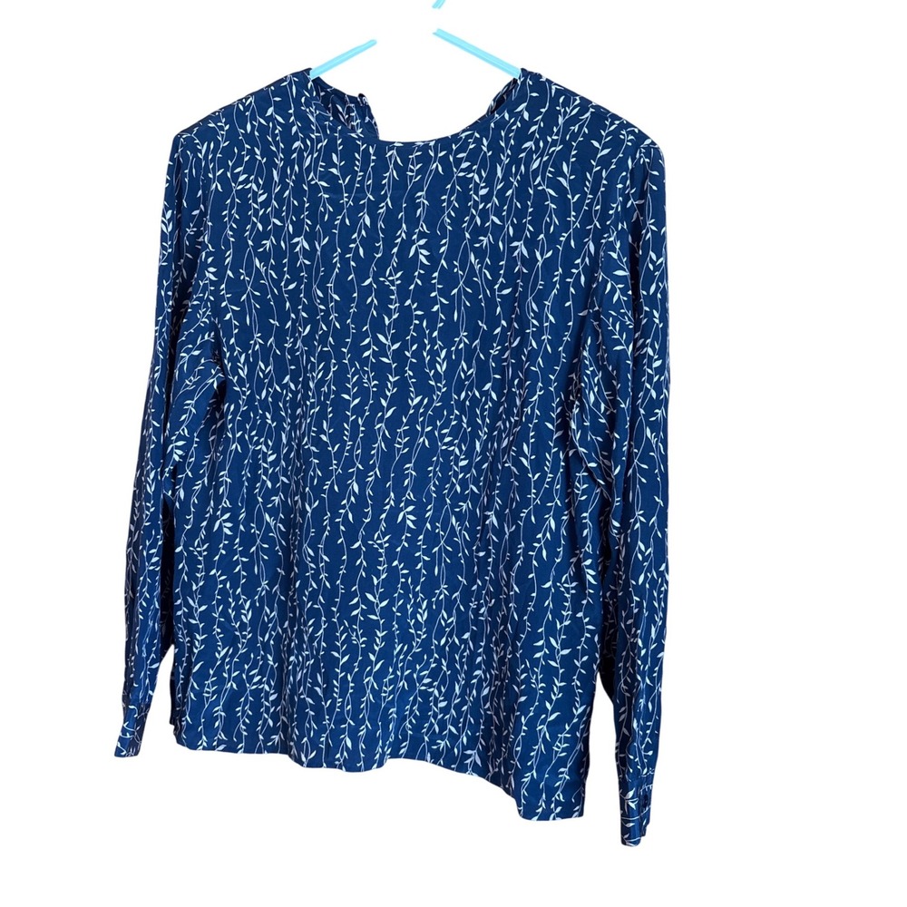 Silkland Collection Navy Blue 100% Silk Vine Print Blouse Women's S  Long Sleeve